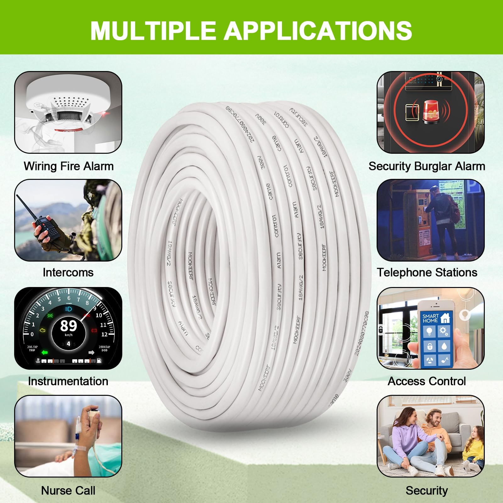 MOOKEERF Cable Plenum blindado trenzado de 2 conductores de 18 AWG, 100 pies, 18/2, cable blindado blanco CL3P para seguridad, alarma, control de acceso, sonido, 18 AWG, 2 conductores