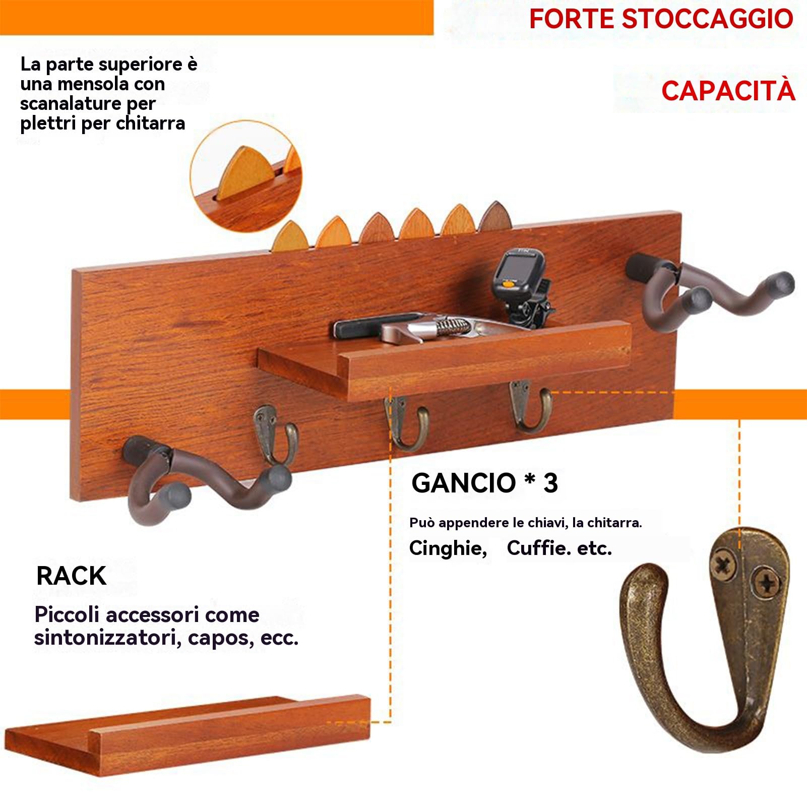 Generico Gancio Da Parete Per Chitarra - Mensola Porta Chitarra In Legno - Organizzatore Risparmio Spazio con Ripiano per Banjo, Mandolino e Ukulele