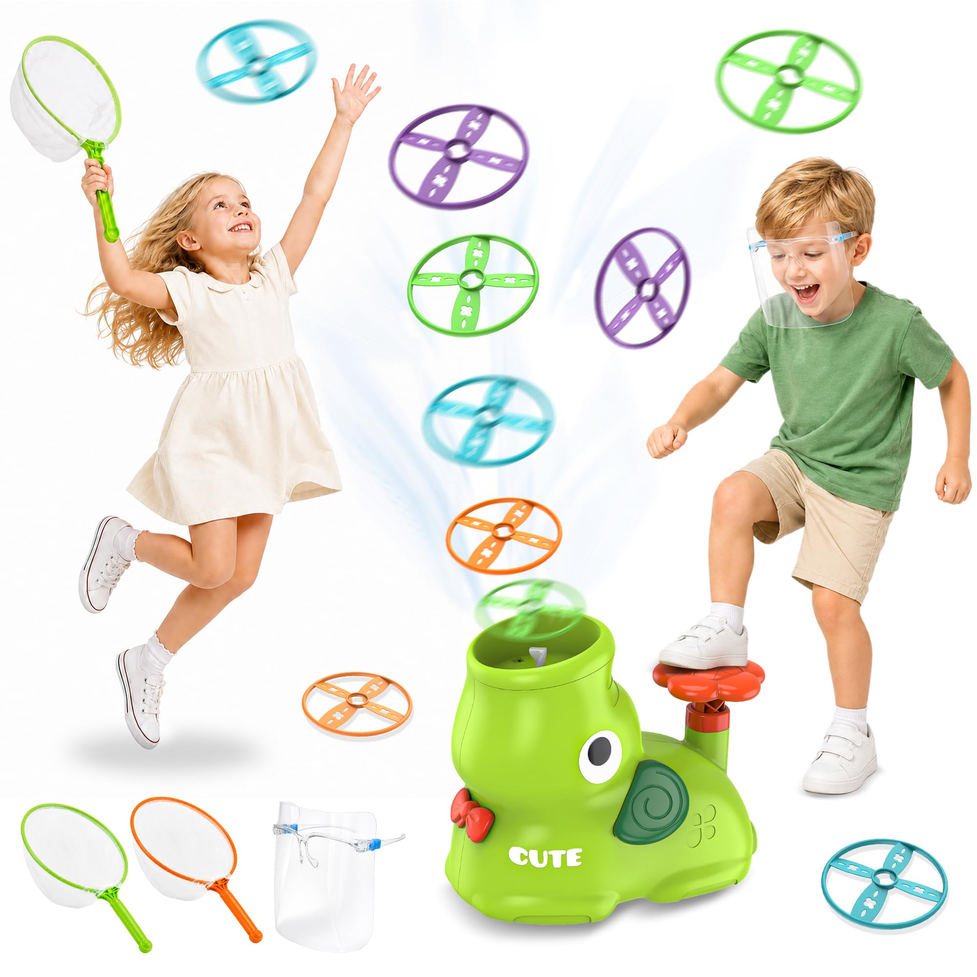 Kssvzz Outdoor Toys for Kids Age 4-8, Garden Toys - Flying Disc Launcher Toy with 8 Discs & 2 Catch Nets, Outside Activities Chase and Catch Game, Birthday for Boys Girls 3-12,Green