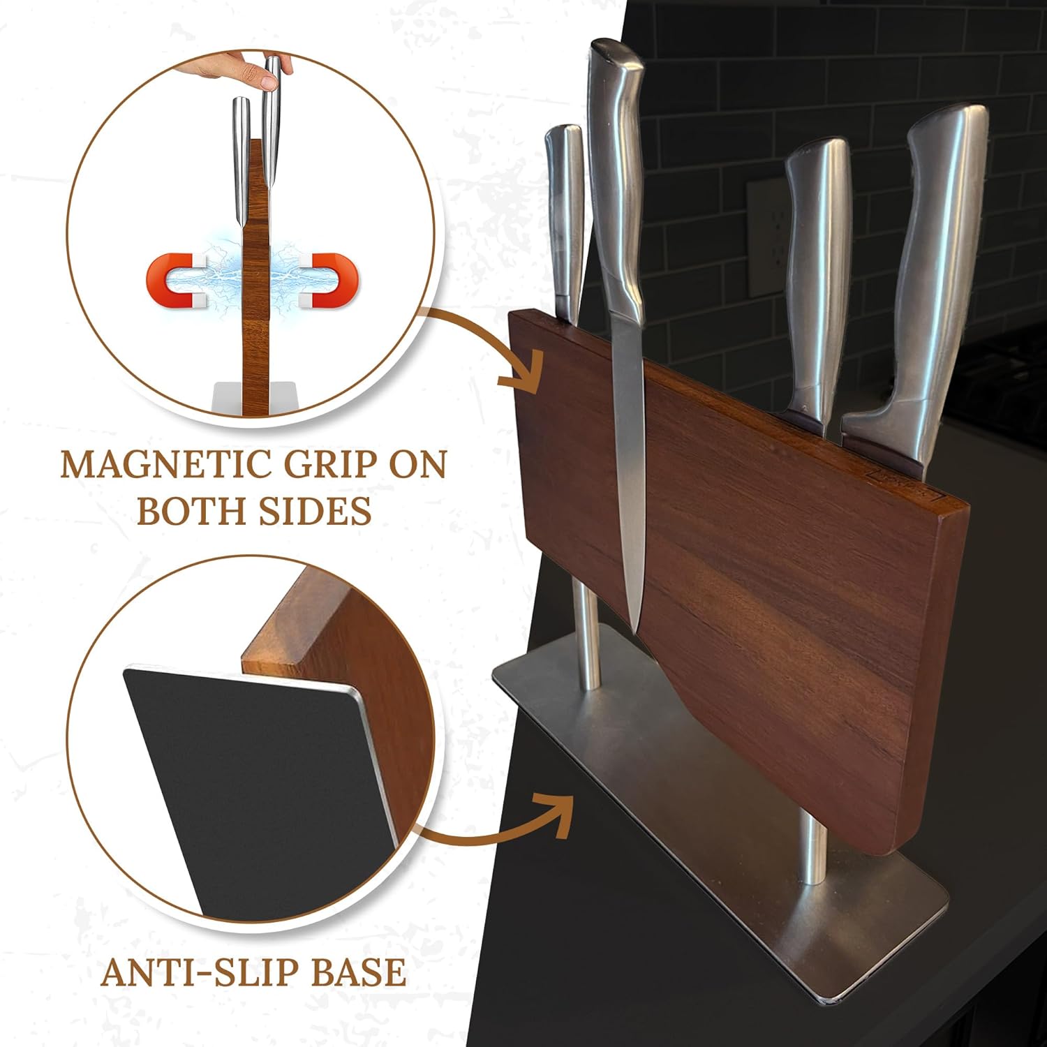 Magnetic Knife Block Double Sided Knife Holder Without Knives, Wooden Universal Knife Rack Storage Organizer Stand for Kitchen Counter or Cabinet, Strong Magnet Wood Knife Holder For Kitchen