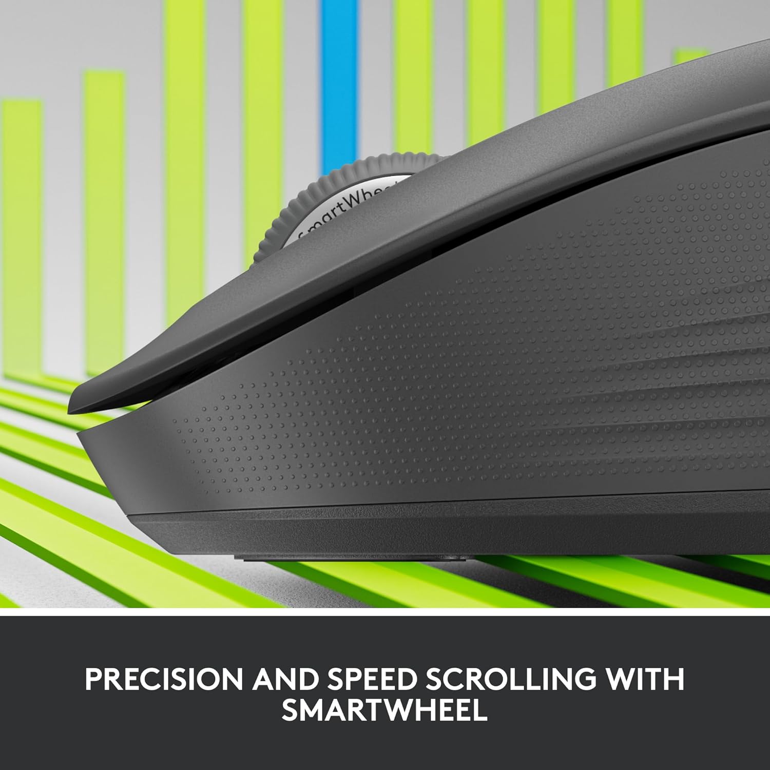 ด้านข้าง view นำเสนอเมาส์ Logitech Signature M550 ที่โดดเด่นด้วย SmartWheel เพื่อการเลื่อนที่แม่นยำและรวดเร็ว