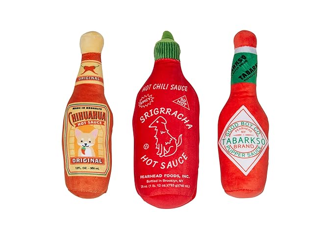 Pearhead Hot Sauce Dog Toys, Set of 3, Hot Sauce Toy Set for Dogs, Must Have Toys for Pet Owners, Plush Chew Toys Set of 3 - Hot Pupper Sauce Dog Toy Set