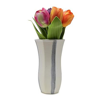 The Himalayan Goods Company Ceramic Octa Flower Bud Vase 7 inch Tall Octagon Shape Home Office Decor (White)