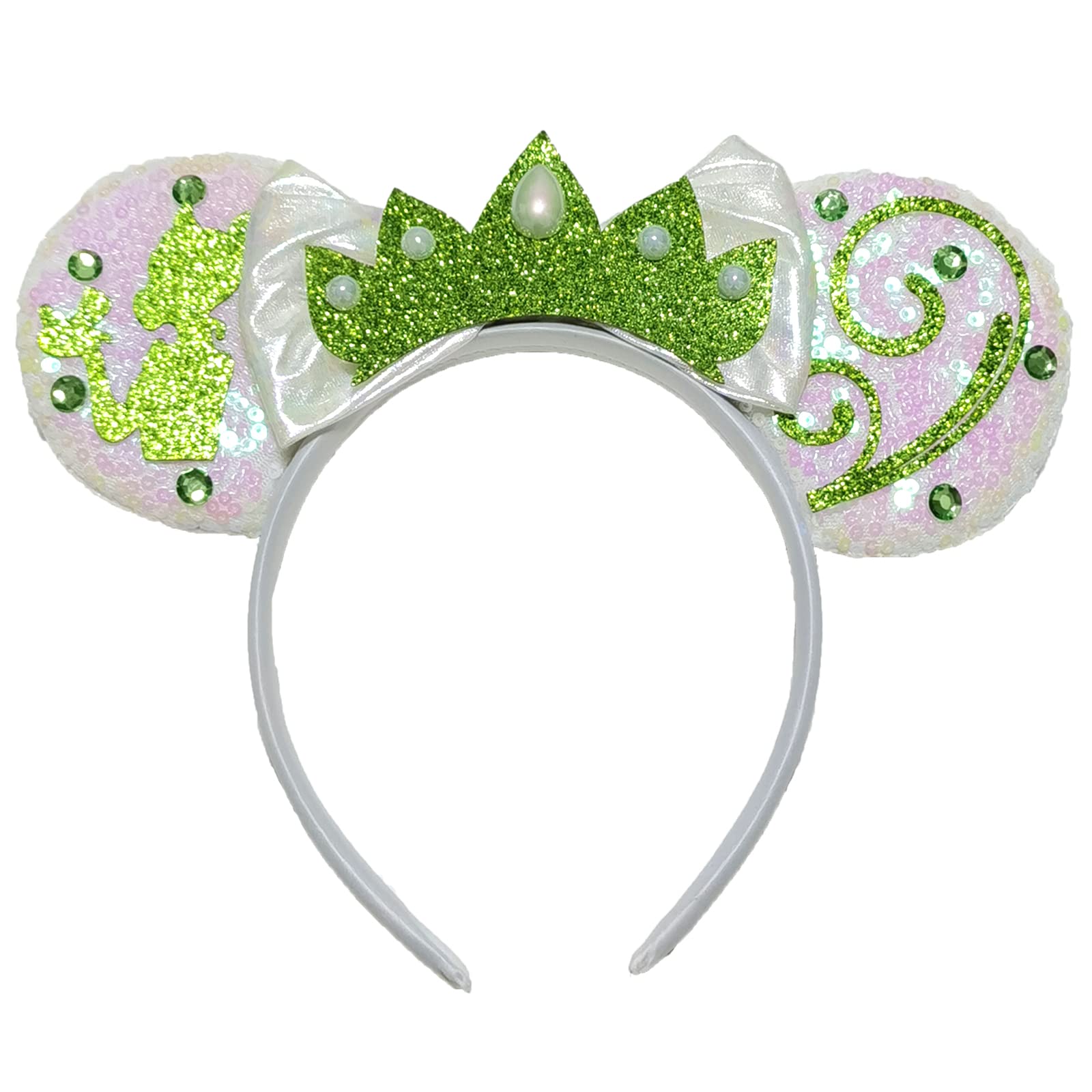 Bow Ear Headbands for Women, Glittrt Princess Tiana Crown Mouse Ear Headbands for Adult