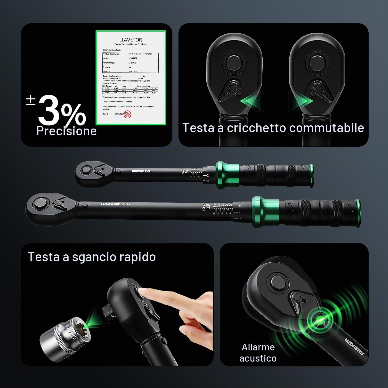 Set di chiavi dinamometriche 60 Nm e 220 Nm, 3/8 e 1/2 azionamento con 15 chiavi esagonali, candela, prolunghe per auto, moto, manutenzione industriale