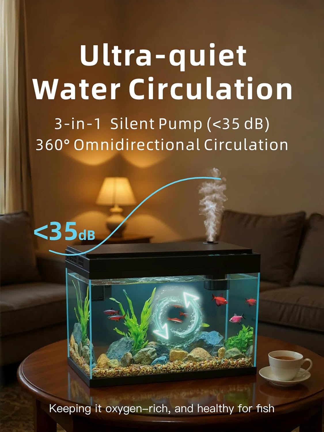 Smart Aquarium Fish Tank 2.5 Gallon Fish Bowl with Humidifier 7 Color Auto-Looping Light 3 in 1 Quiet Pump, Temperature Display and Self Cleaning System for Home, Office, and Decor