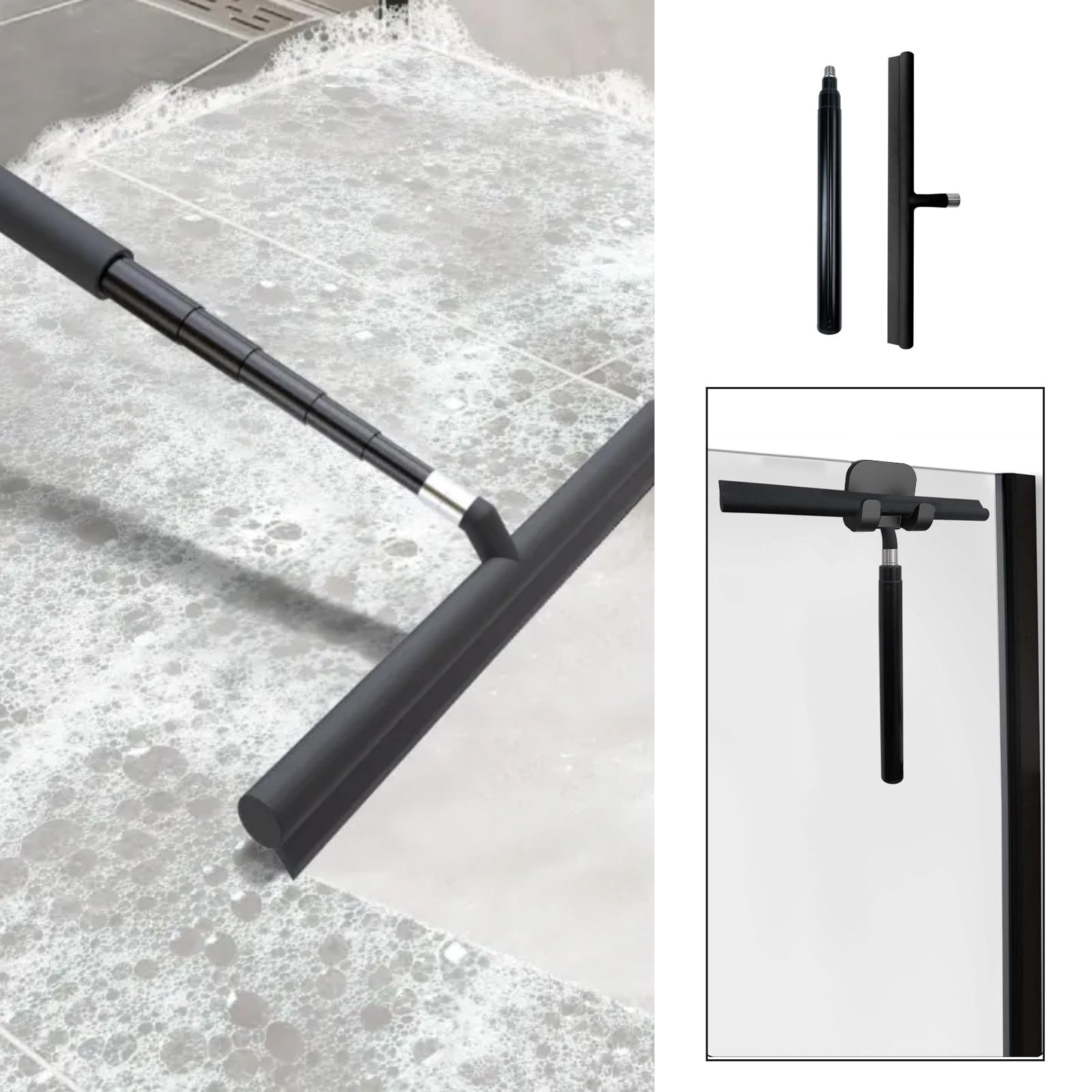 Escobilla de ducha telescópica negra para puertas de cristal, paredes de ducha de azulejos y baño, 13.19 x 43.13 pulgadas, incluye gancho de succión, escobilla ideal para cristal de ducha