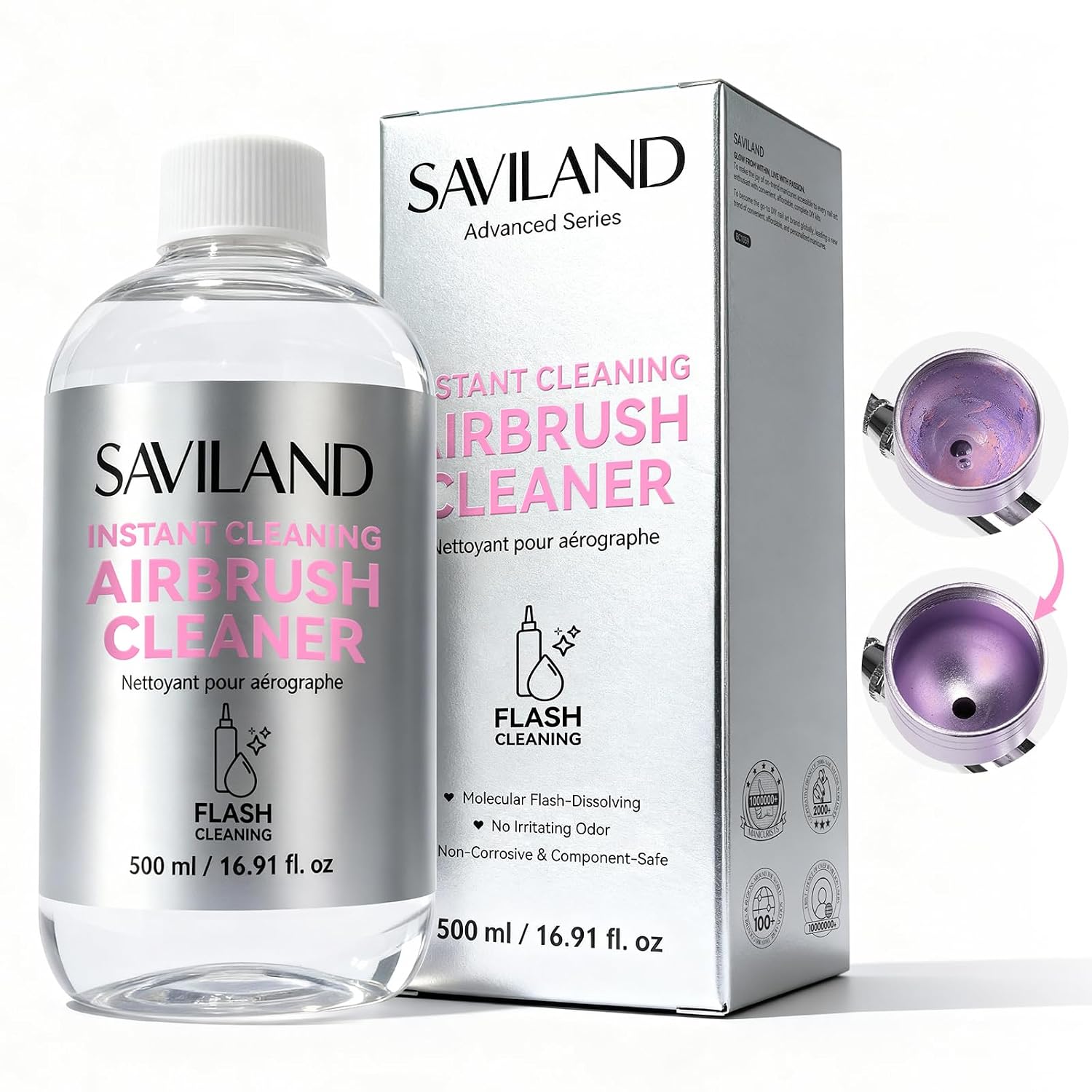 SAVILAND 500ML Airbrush Cleaner: 10s Instant Cleaning Makeup Brush Ceaner Large Capacity Odor Free Precision Bottle for Water-Based Acrylic Paint Airbrush Gel Nail Polish Clog Removal Salon