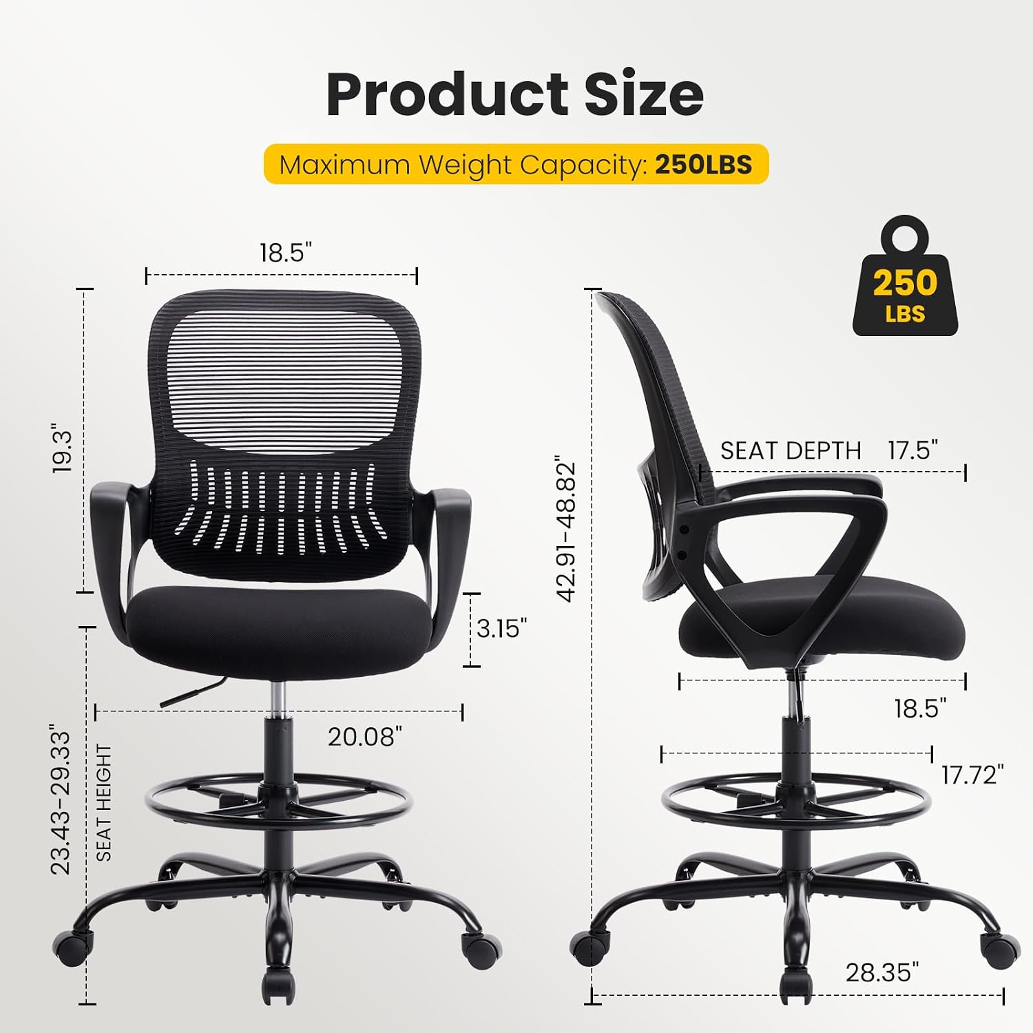 Sweetcrispy Home Office Drafting Chair - Ergonomic High Stool Computer with Adjustable Height and Comfy Lumbar Support, Tall Rolling Task for Standing Desk with Fixed Arm and Footrest, Black