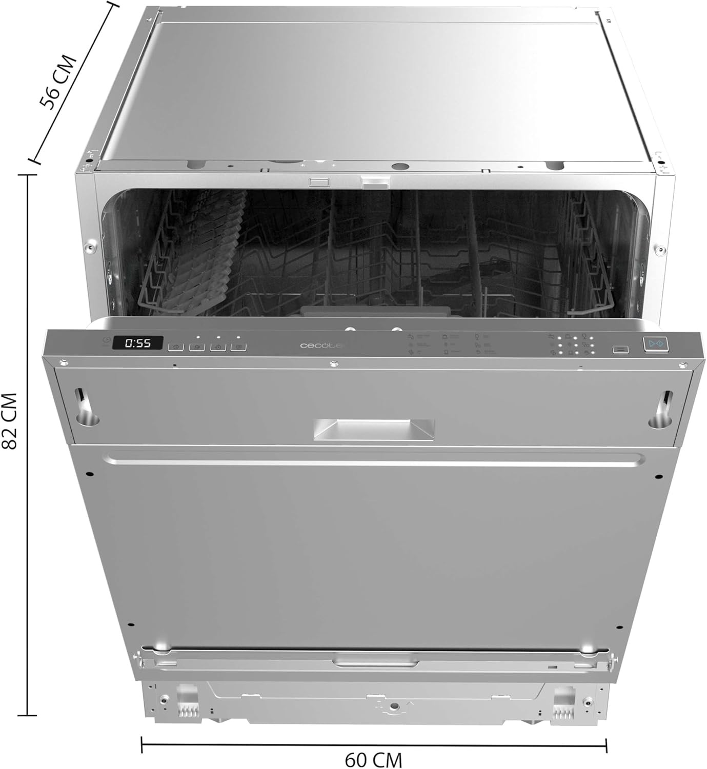 Dijagram koji prikazuje dimenzije Cecotec Bolero Aguazero 6110 Full-BI ugradne mašine za pranje posuđa. Širina je 60 cm, dubina 56 cm, a visina 82 cm.