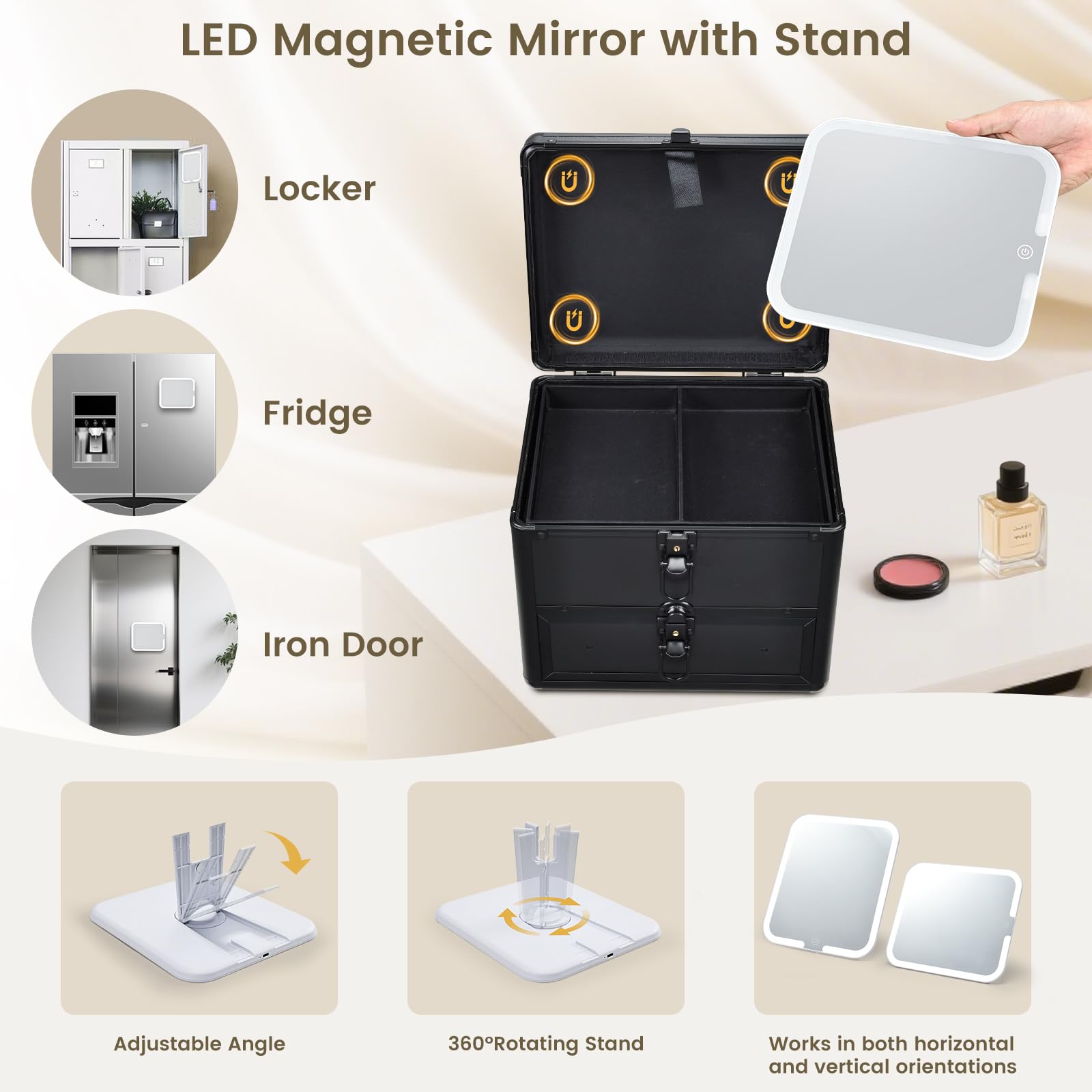 Beauty case con specchio a LED, scatola per il trucco rimovibile con specchio luminoso, portatile, beauty case per truccatori con divisori regolabili e porta pennelli da trucco, Nero con cassetto