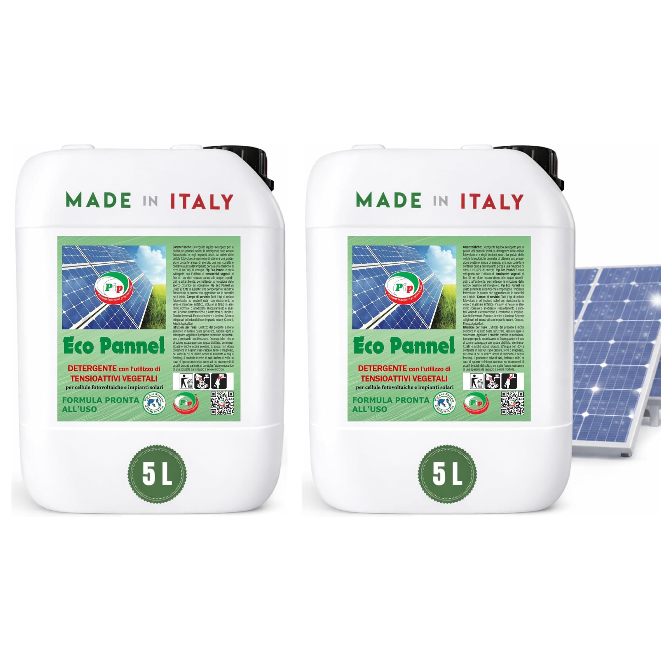 PIP Eco Pannel, Detergente Antistatico per Pannelli Fotovoltaici Pronto all'Uso 10 Litri, Made in Italy - Pulizia Pannelli Solari Vegetale ed Ecologico, Non Richiede Raccolta Acqua – Fino a 100 m²