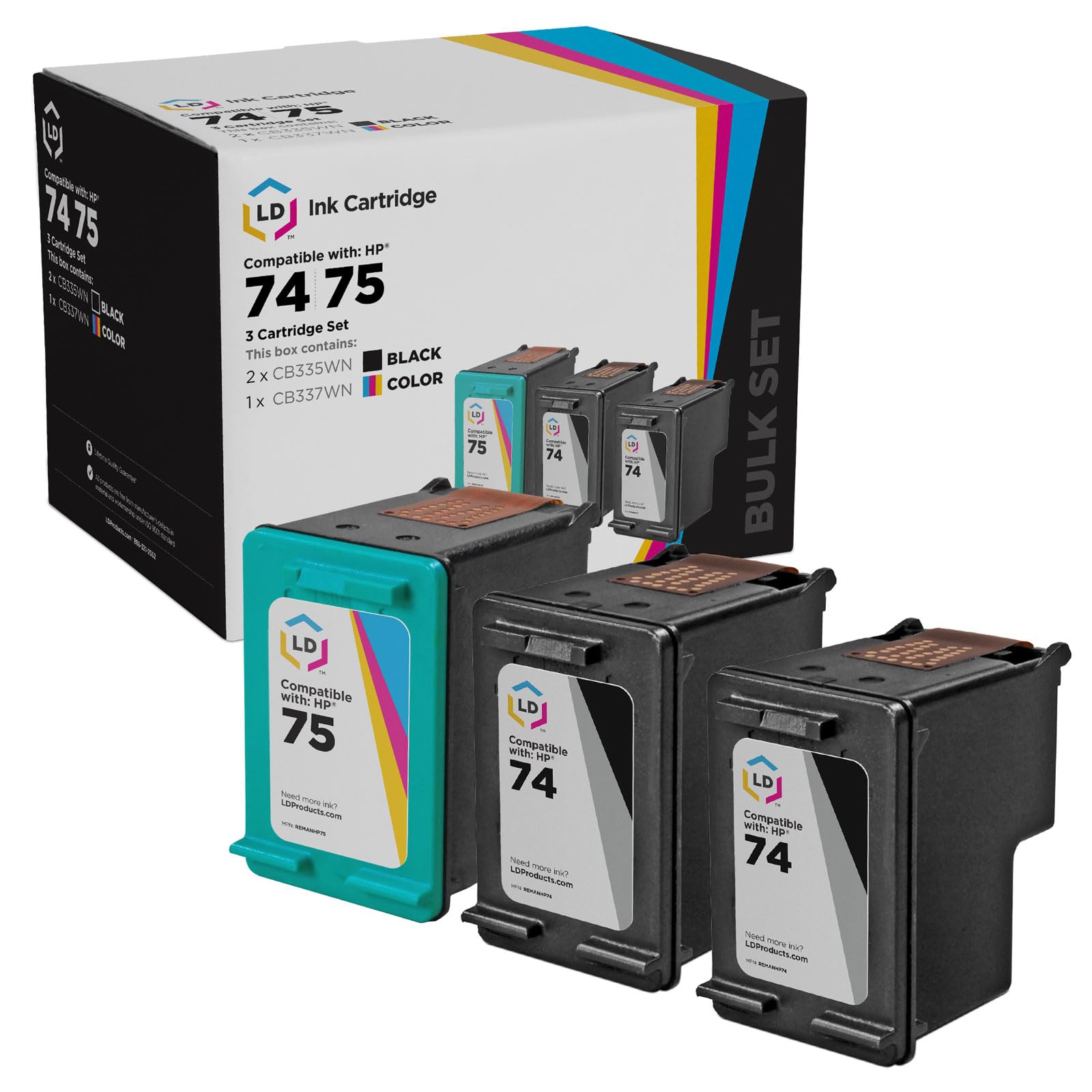 LD Remanufactured Ink Cartridge Replacements for HP 74 & HP 75 (2 Black, 1 Color, 3-Pack) Compatible w J5783 C4343 D4360 C5280 J5725 C5288 C4383 J6424