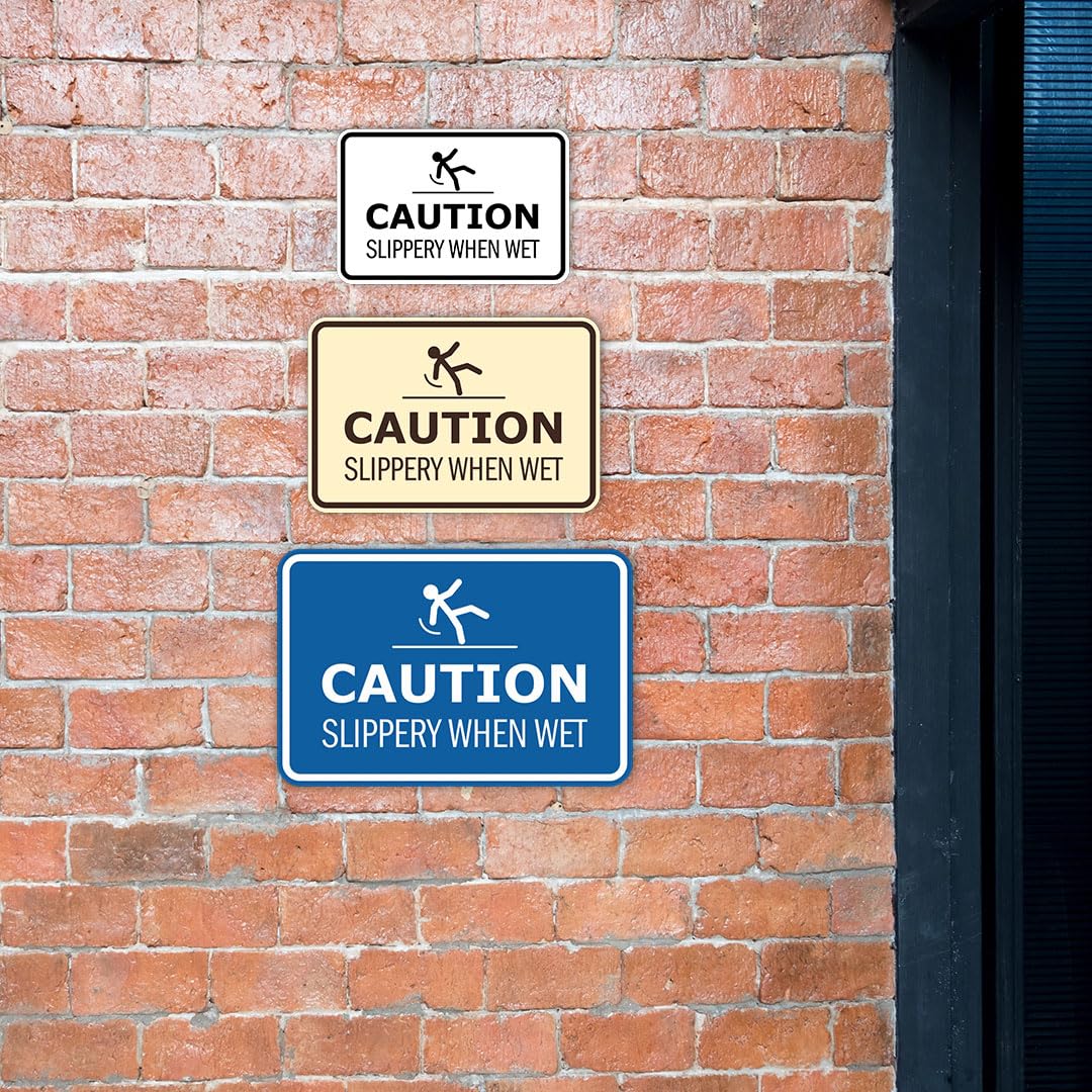 Signs ByLITA Señal de advertencia enmarcada clásica con texto en inglés "Precaution: Slippery When Wet Door or Wall Sign" de fácil instalación, salud y seguridad, construcción y advertencia (azul) -
