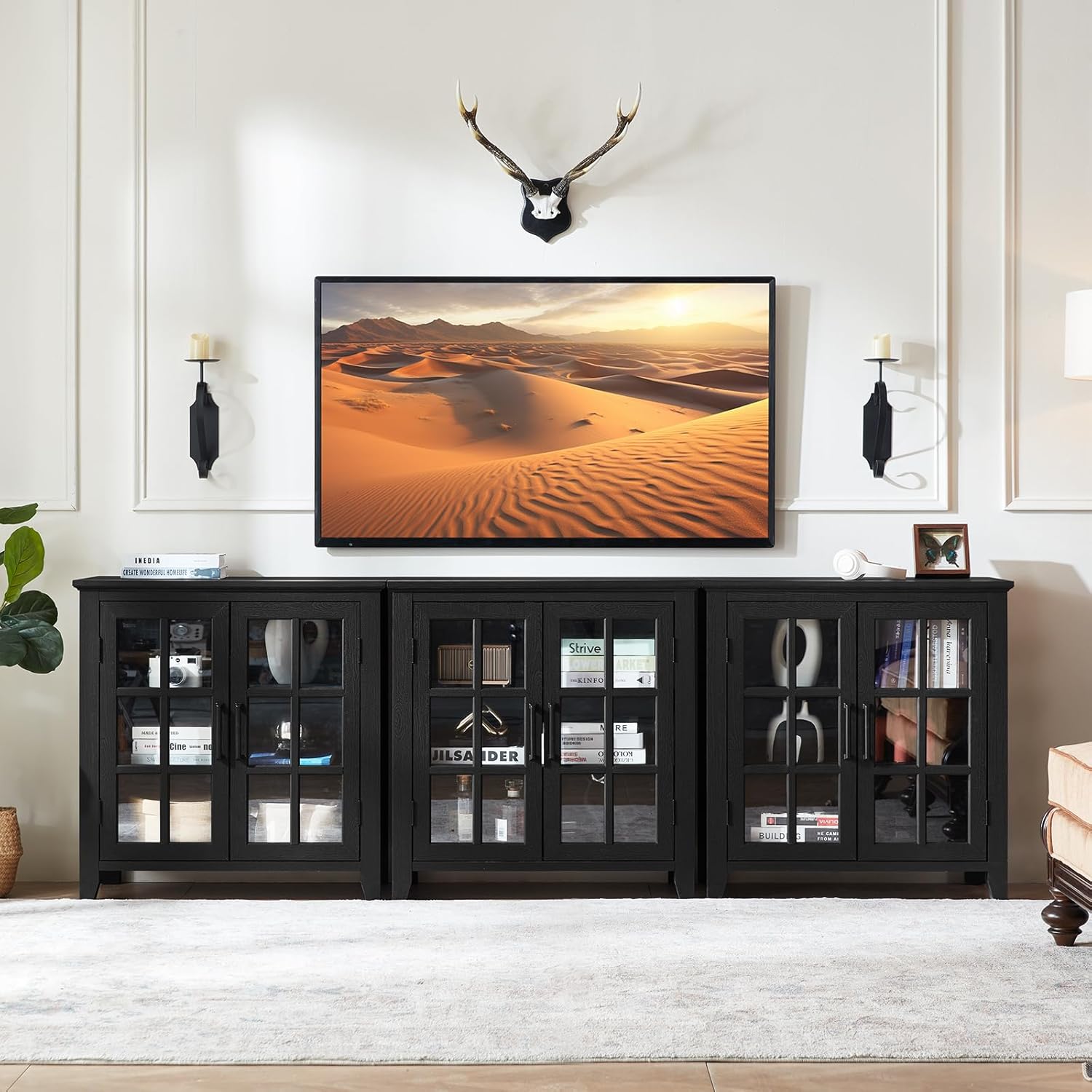 Joaxswe Large Sideboard Buffet Cabinet with Storage, 32" Farmhouse Kitchen Coffee Wine Bar Cabinet with 2 Glass Doors, Wood Mid Century Modern Side Board Table for Dining Room, Living Room, Black
