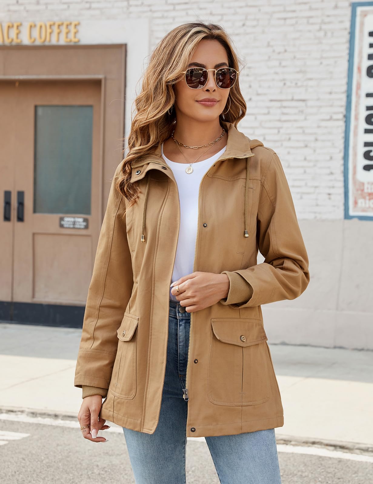 Tuopuda Giacca Primaverile Donna Parka Cotone Militare Cappotto Leggera Utility Jacket Giubbotto con Cappuccio Casual con Zip Antivento Staccabile Giacche Giaccone Outdoor