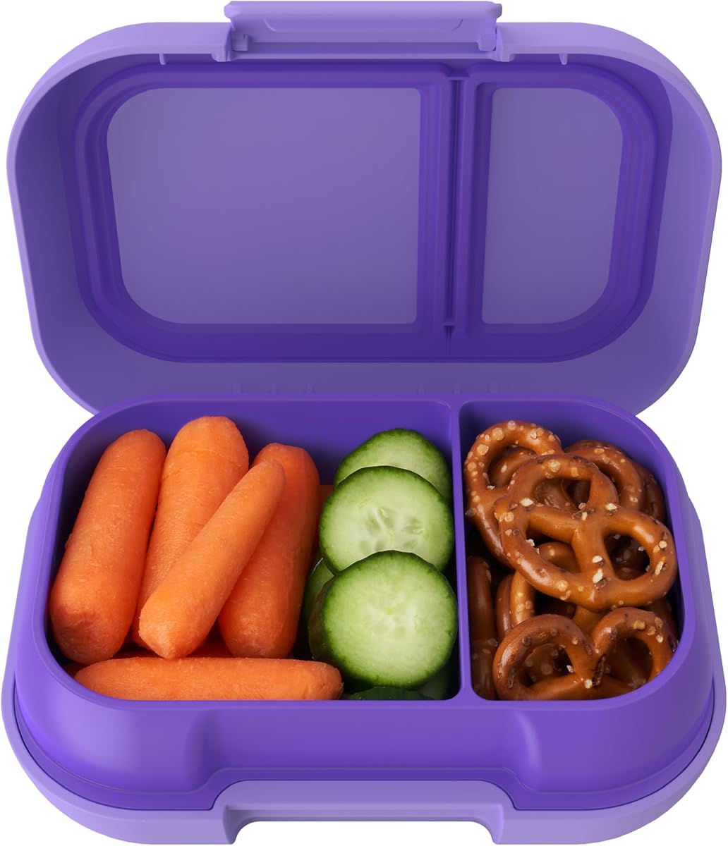Bentgo Kids Snack Contenedor estilo Bento de 2 compartimentos a prueba de fugas | Para refrigerios y comidas pequeñas, pestillo de fácil apertura, apto para lavavajillas, sin BPA para la escuela, la guardería y los deportes, a partir de 3 años (púrpura)