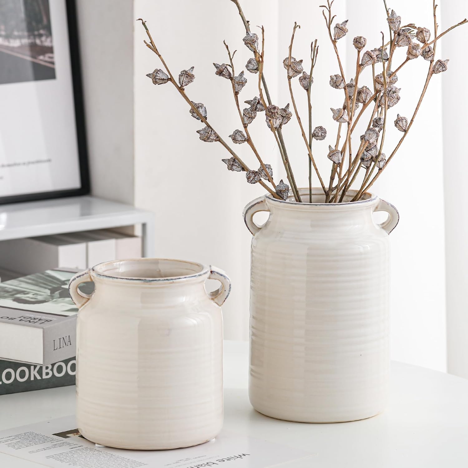 Ceramic Rustic Distressed White Flower Vase for Centerpieces, Kitchen, Office or Living Room (5.9''x8.6”) - Image 9