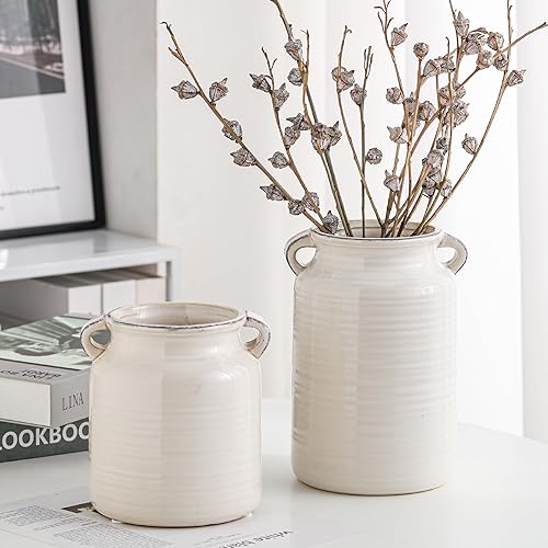 Vista 5 de Florero de cerámica rústica de color blanco envejecido para centros de mesa, cocina, oficina o sala de estar (5.9 x 6.3 pulgadas)