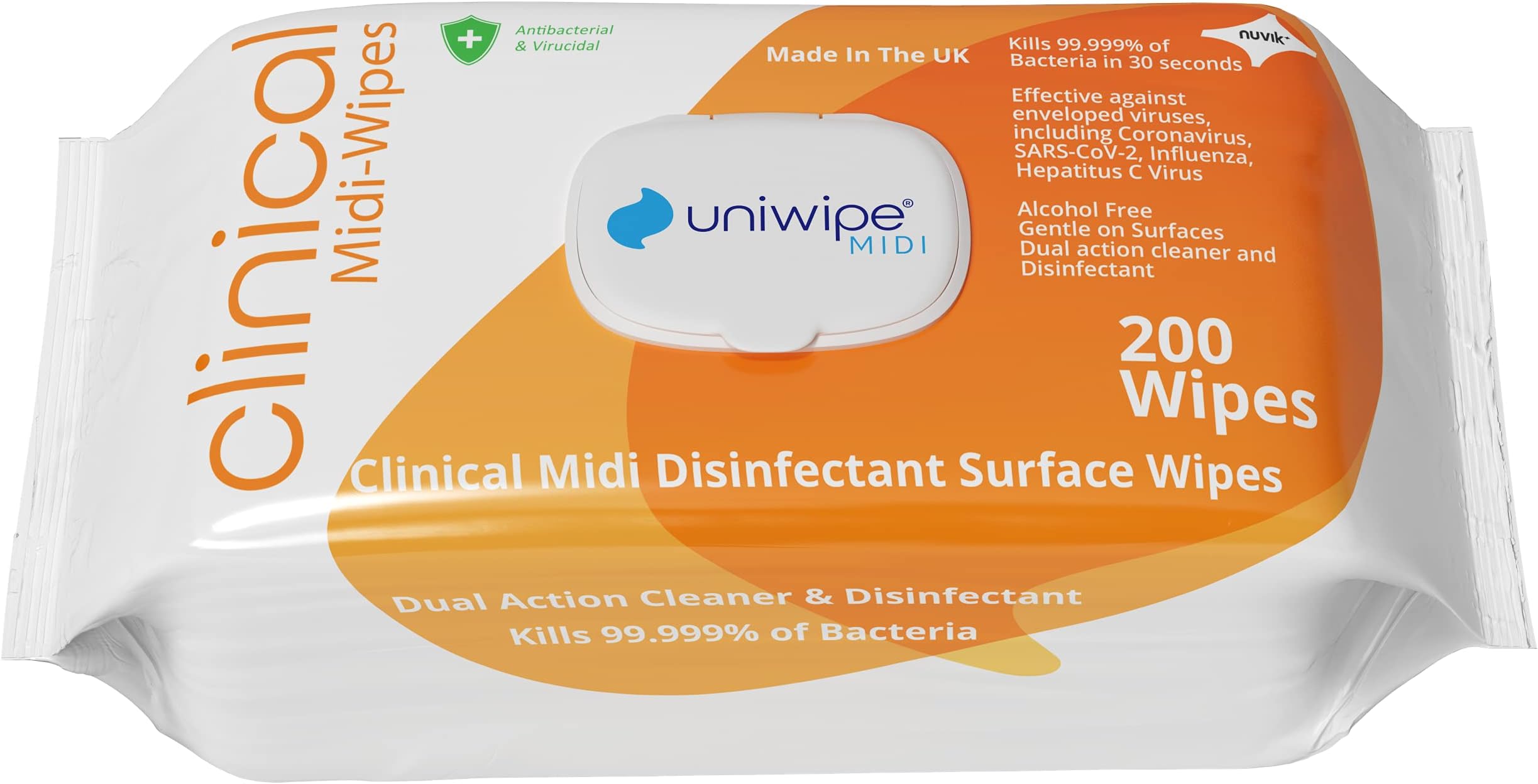 Uniwipe Clinical Midi-Wipes, Antibacterial, Sanitising, Kills 99.999% of Germs, 200 Count