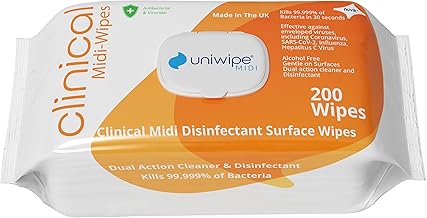Uniwipe Clinical Midi-Wipes, Antibacterial, Sanitising, Kills 99.999% of Germs, 200 Count