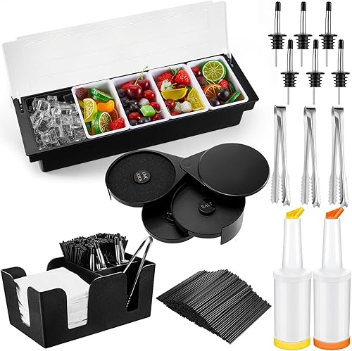 Mifoci Bandeja de adorno con barra de tapa, barra de 3 niveles, 12 vertedores de botellas clásicos de acero inoxidable, 2 botellas de plástico para