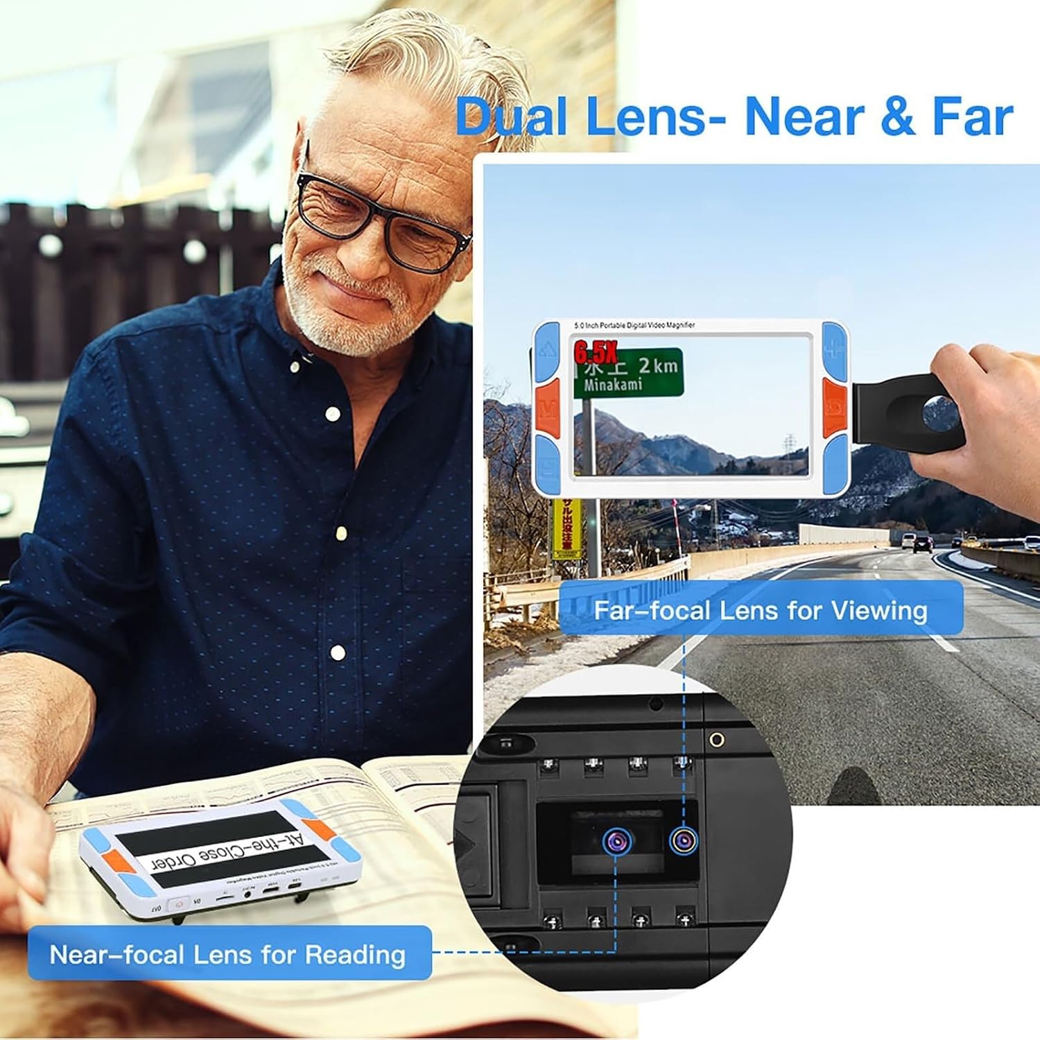 Electronic Video Magnifier, Handheld 5-inch LCD Digital Reading Aid, 3-48X Magnification, HDMI/AV Output, for Elderly & Visually Impaired