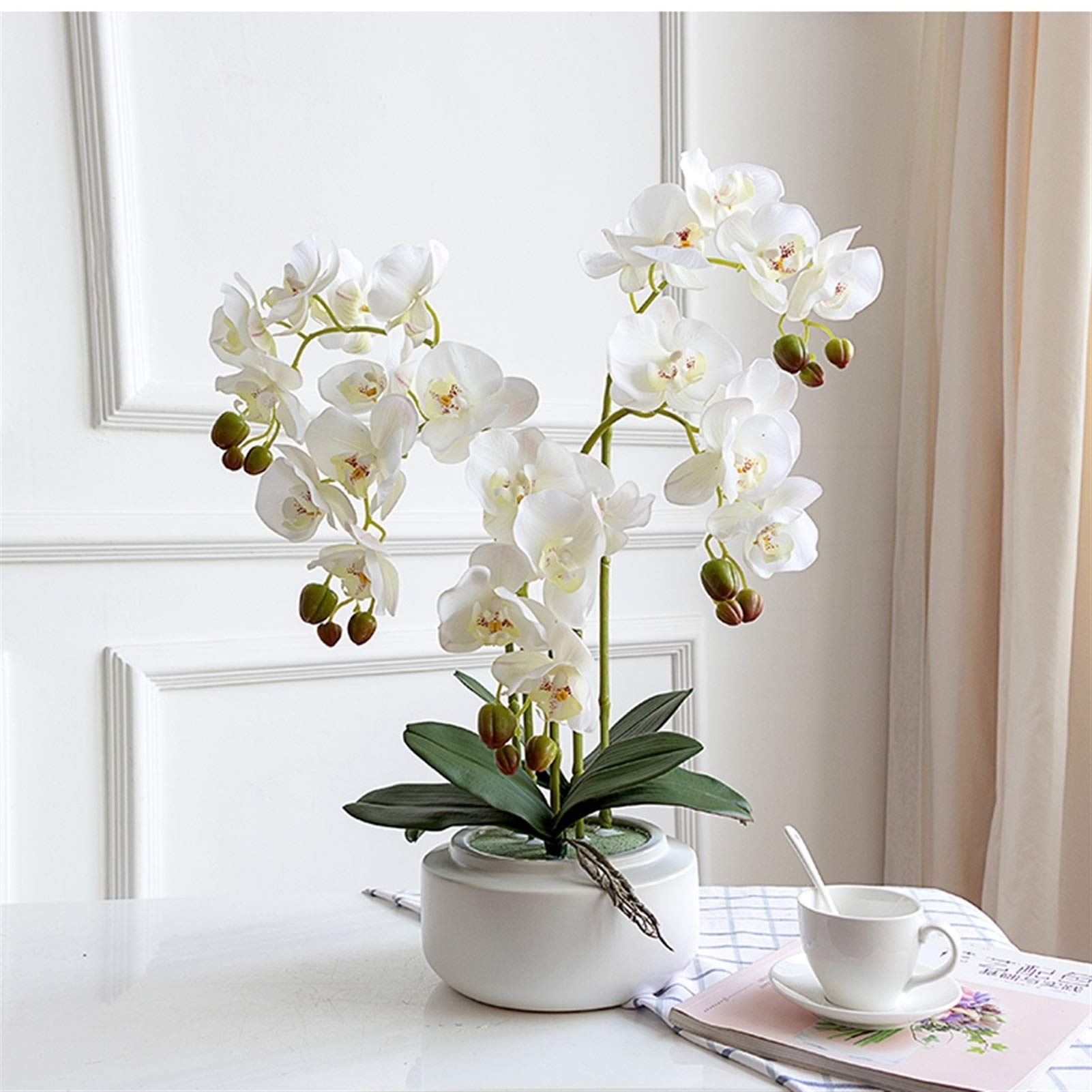 MYUYEE Artificial Flower In Pot Artificial Flowers Ceramic Flower Pot Silk Cloth Phalaenopsis Simulation Flower Set Fake Flower Bonsai Home Decoration Artificial Plant Flower A
