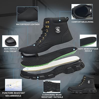 Steel Toe Shoes for Men,Slip Resistant Steel Toe Safety Shoes Comfortable Mens Safety Work Boots Puncture Proof Indestructible Construction Shoes