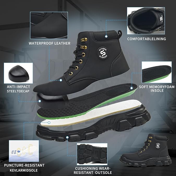Steel Toe Shoes for Men,Slip Resistant Steel Toe Safety Shoes Comfortable Mens Safety Work Boots Puncture Proof Indestructible Construction Shoes