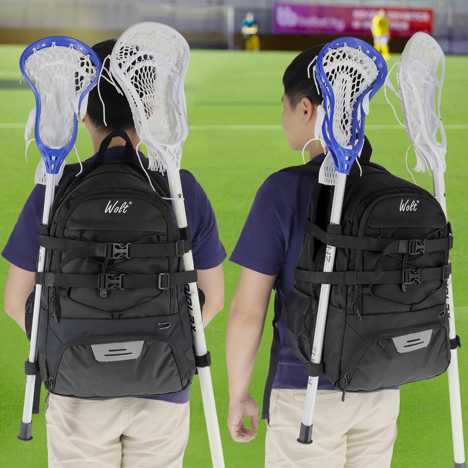 WOLT Lacrosse Bag Lacrosse Rucksack mit Zwei Schlägerhaltern, große Feldhockey-Tasche für alle Sportausrüstungen