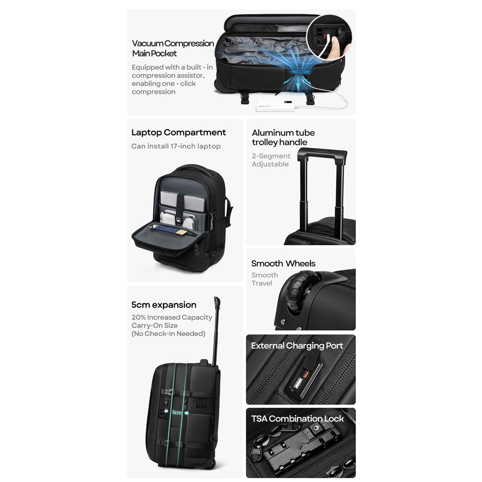 Zaino Valigia Rotelle Impermeabile con Serratura per Viaggio Business 25L