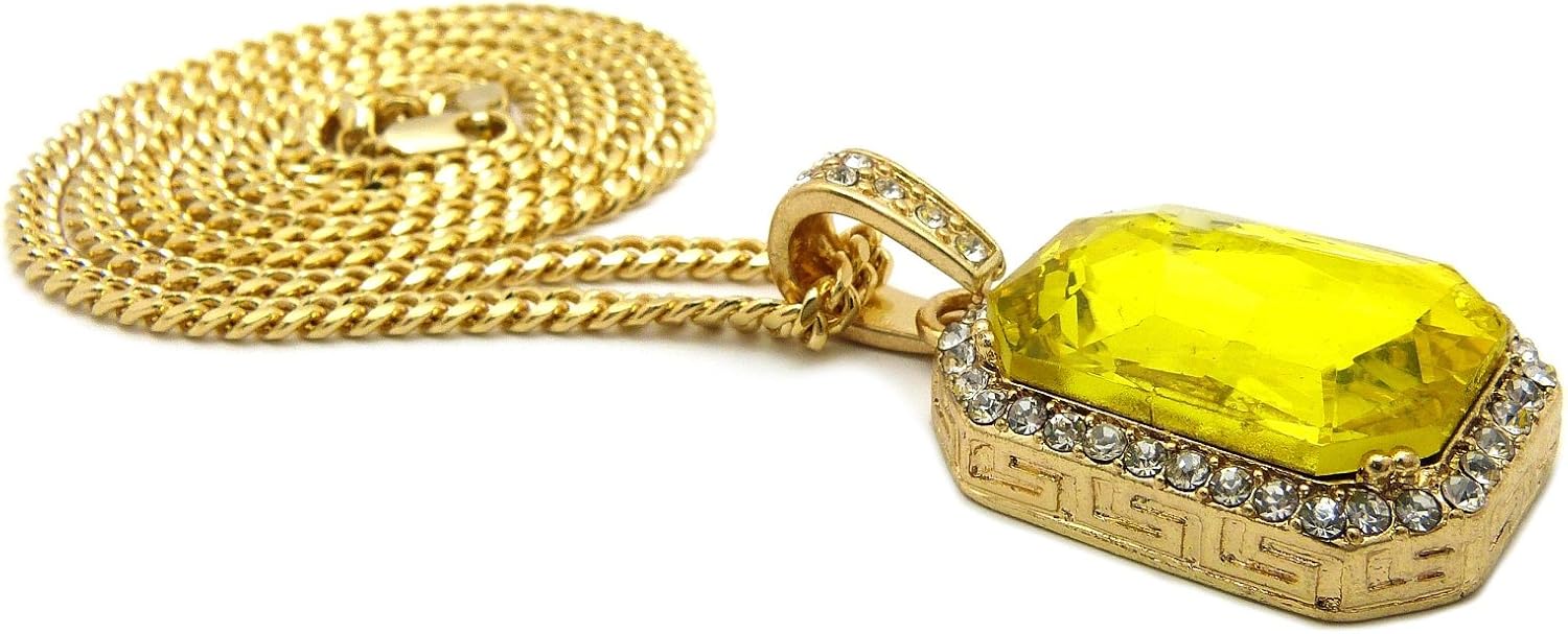 Iced Out Colorful Gemstone Pendant 3mm 24" Cuban Chain Necklace in Gold Tone