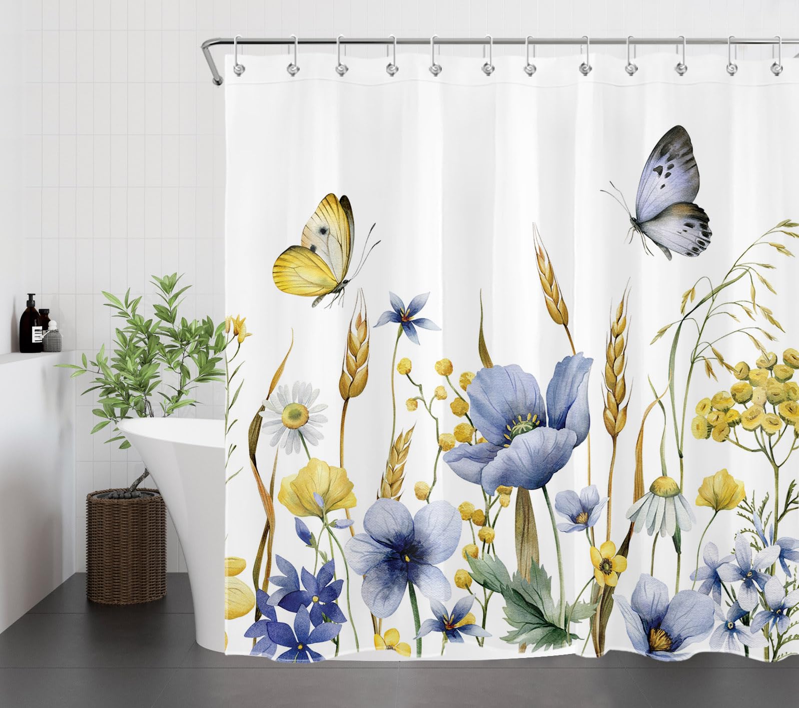 LB Rustic Wildflower Botanical Shower Curtain Blue and Yellow Floral Butterfly Bathroom Curtain Nature Floral Bathroom Decor with Hooks Polyester