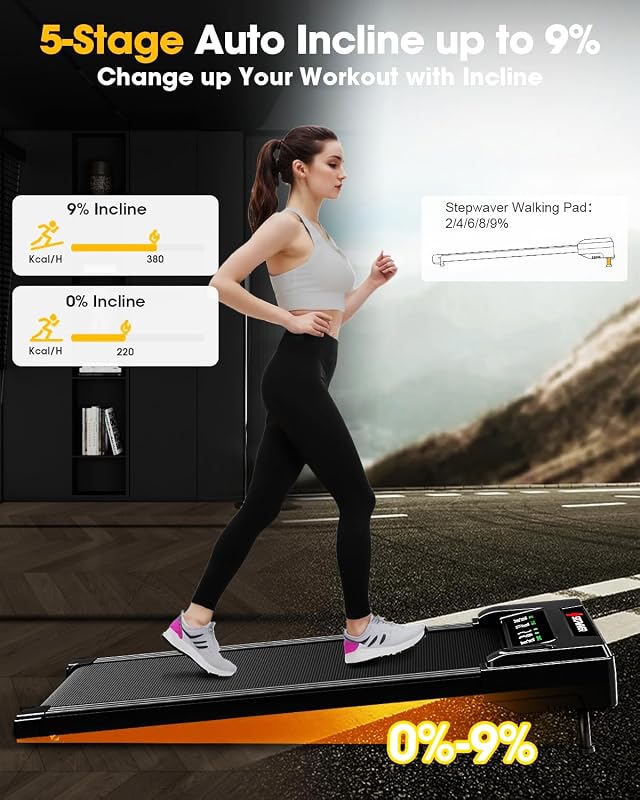 3HP Walking Pad Treadmill with 9% 5-Level Auto Incline, 360 lbs Capacity & Big LED Screen Under Desk Treadmill with Hike/Jog/Run Mode, Compact Treadmills for Home Small/Office,Assembly Free,Wider Belt image 2