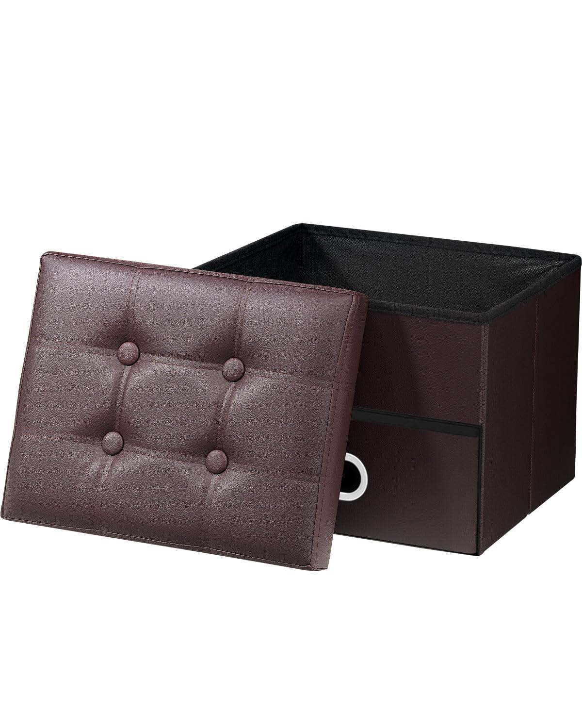 AmasSmile Folding Storage Ottoman Foot Rest Stool, 16 inch Leather Footstool Bench, Short Ottoman Bench, Storage Foot Rest Store, Books,Records Support 300 lbs, Brown