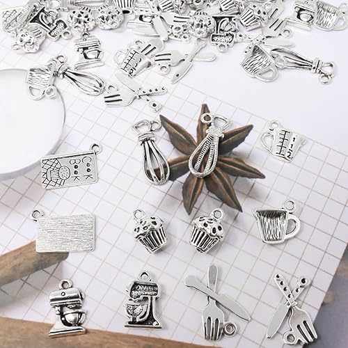 Miniatura 5 de Honbay 60 dijes de aleación para hornear, taza medidora, batidor de huevos, cupcakes, mezclador de cocina, colgantes de cocina para aretes,