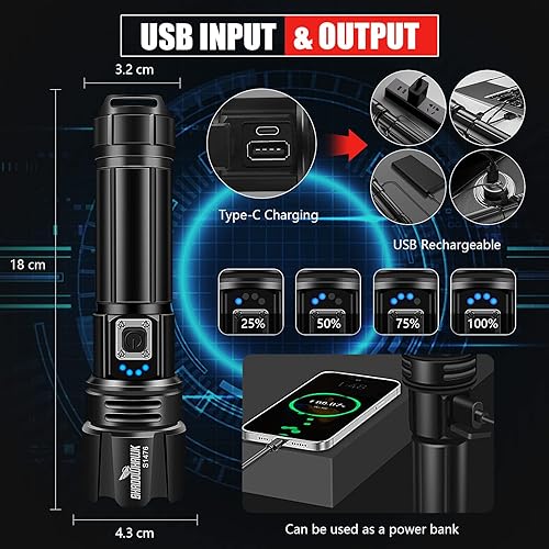 Miniatura 13 de Linterna recargable de 20000 lúmenes altos, luz LED súper brillante de 30 W, haz de 5000 pies y 12 horas de larga duración USB C linterna de policía