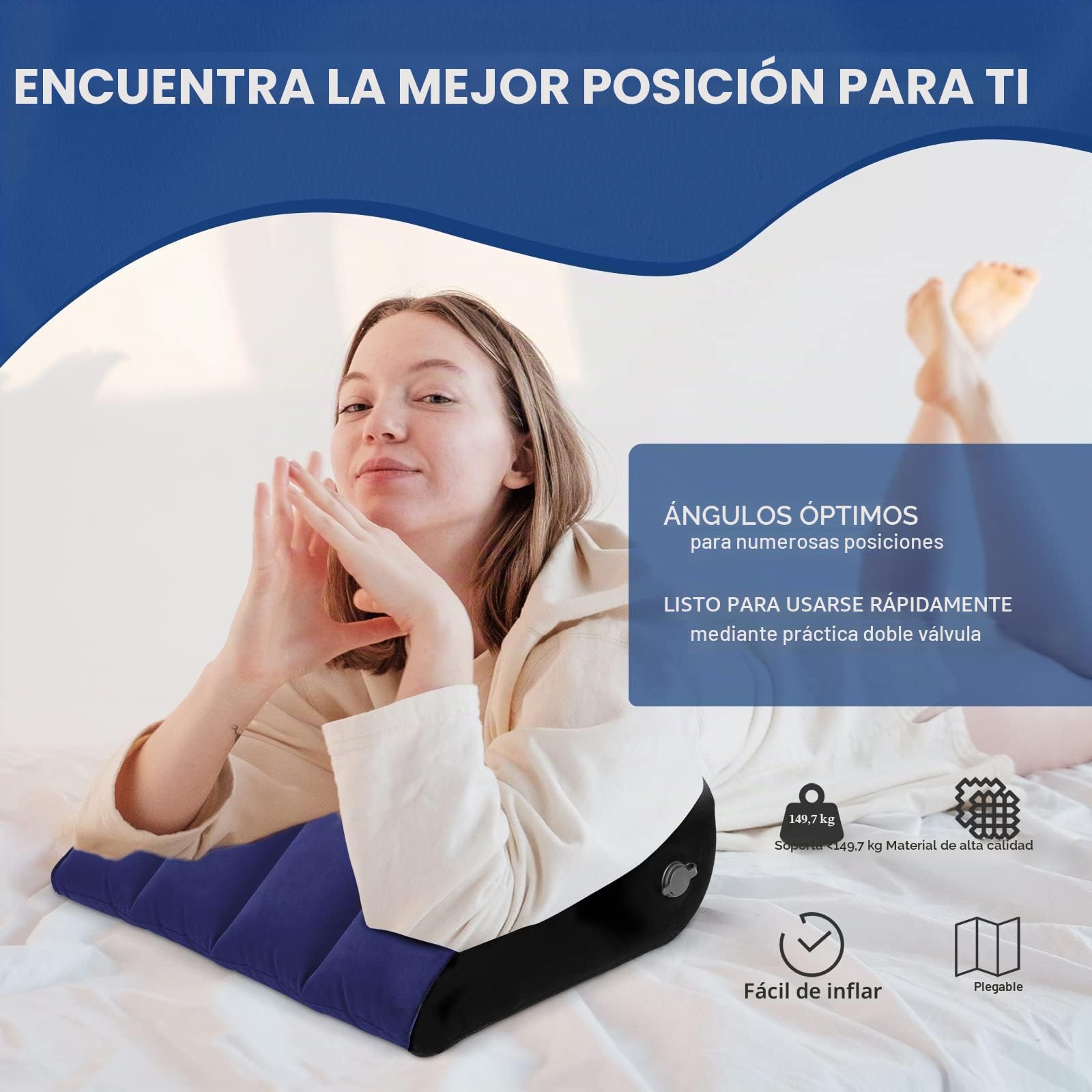 Cojín Cuña Hinchable Ajustable para Cama – Almohada Antirreflujo Adultos, Cojín Inflable para Piernas, Rodillas y Espalda, Portátil para Viaje, Playa y Camping (Azul)