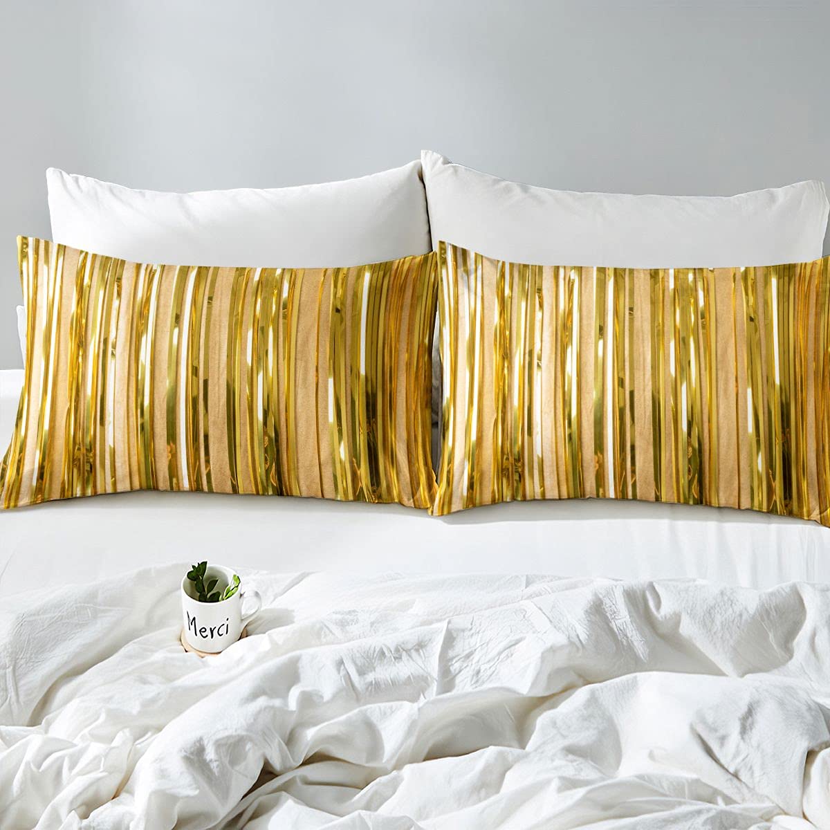 Juego de sábanas de Abedul Abstracto, Juego de sábanas con diseño de árbol de Oro Impreso sábana Bajera Natural para niños Adultos Cubierta de Cama Ultra Suave Dorado tamaño King
