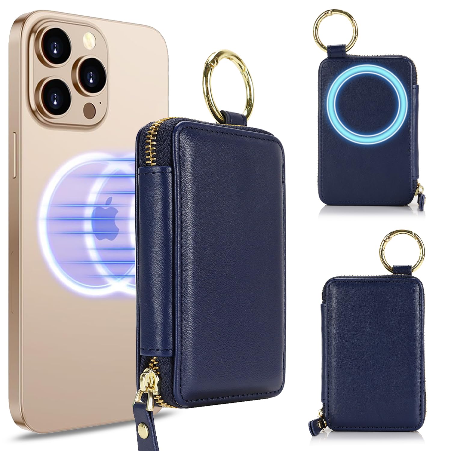 Compatible with MagSafe Wallet,Magnetic Phone Wallet Card Holder for iPhone 18/17/16 Pro Max/15 plus/14 Pro/13/12 Series,PU Leather Zipper Pocket Adjustable Stand-Blue