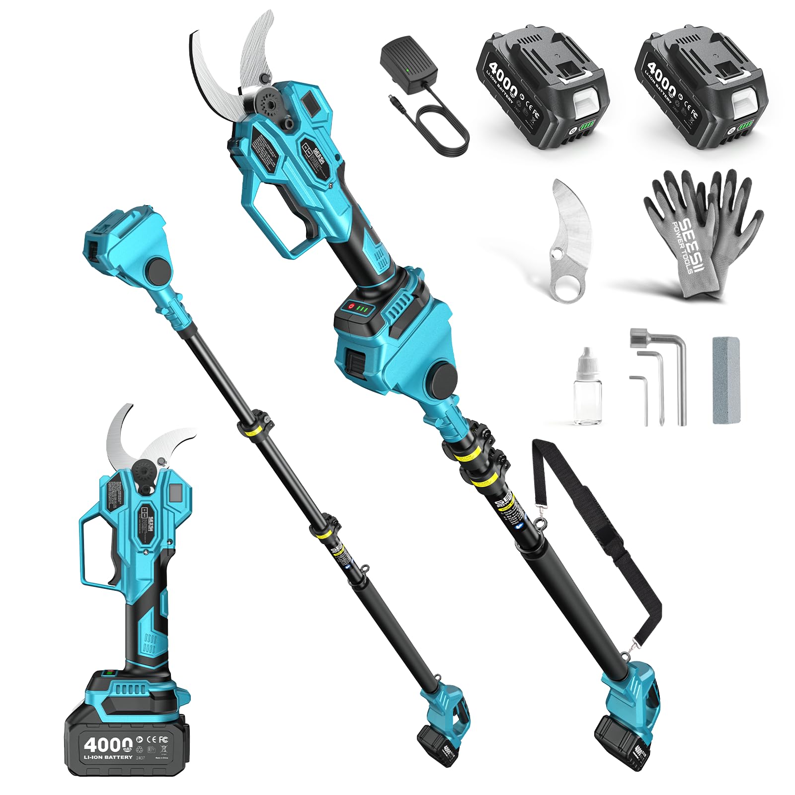 Tijeras de poda de altura 2 en 1 SEESII: Podadora eléctrica inalámbrica con diámetro de corte de 40 mm, 2 * 4,0 Ah, cuchilla SK5 adicional y 4 modos de corte ajustables para árboles y flores.