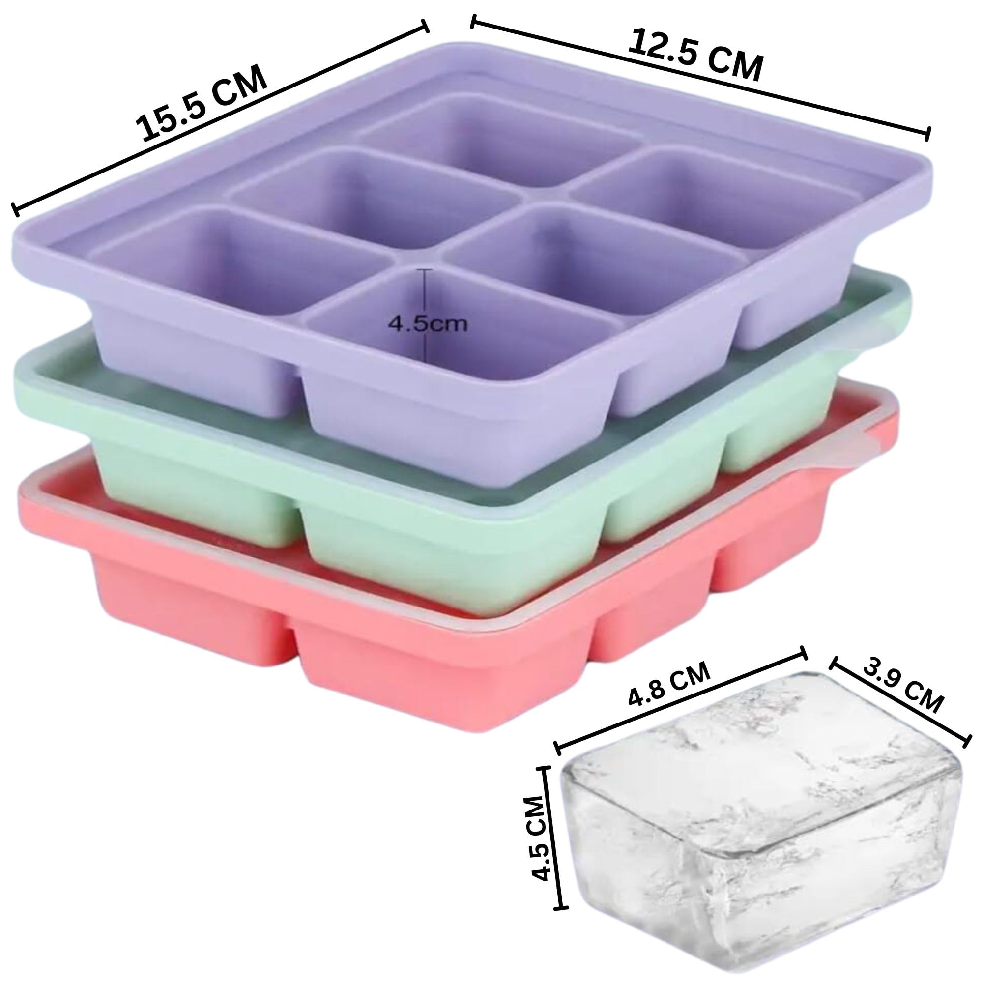 3 Packungen große Eiswürfelform aus Silikon, leicht zu öffnende Eiswürfelformen für 6 Eiswürfel pro Schale für Schokoladencocktails und alle Getränke (3er Pack schwarz)
