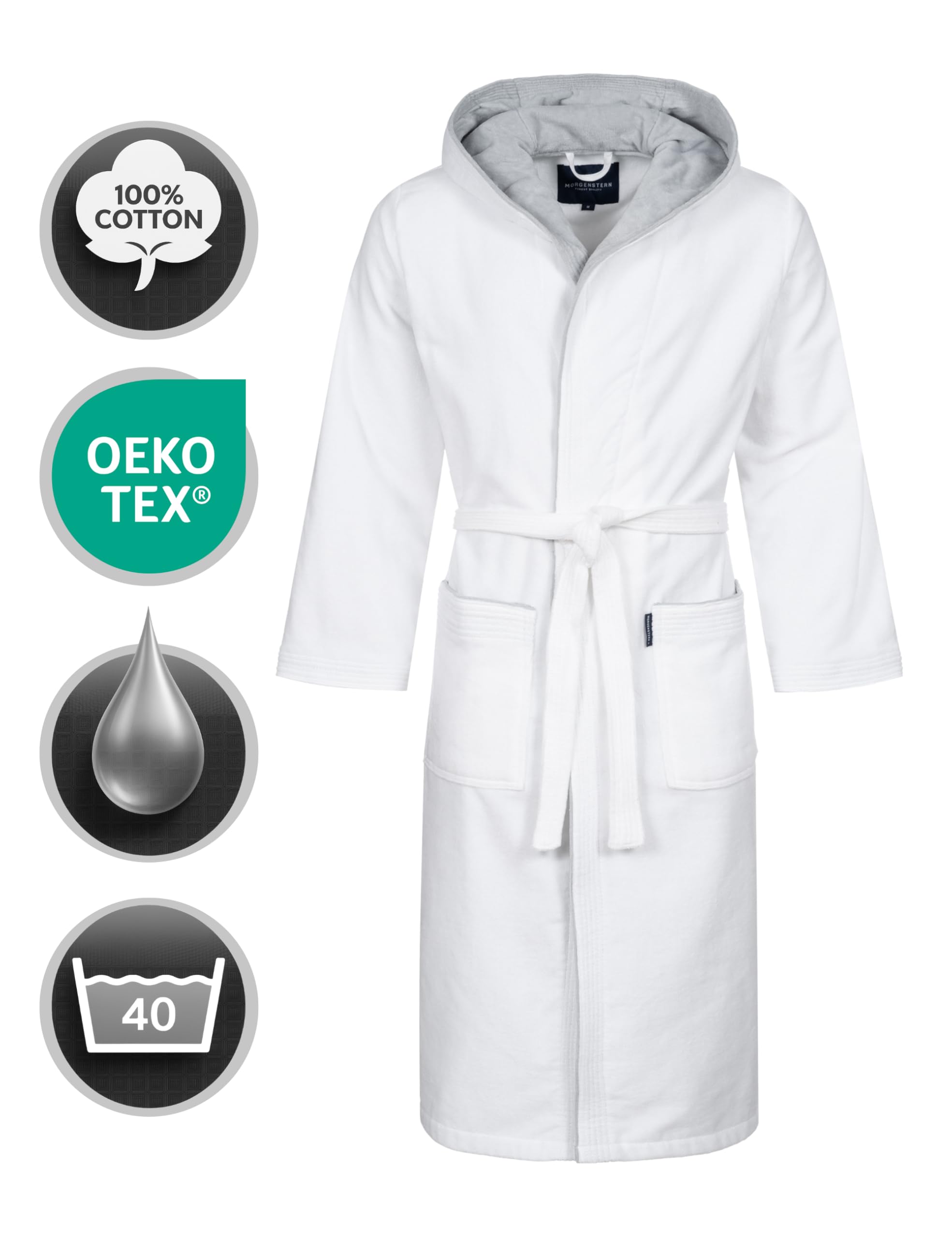 Morgenstern Peignoir de Bain Homme avec Capuche 100% Coton Éponge Velours OEKO-TEX® Robe de Chambre Long Finn