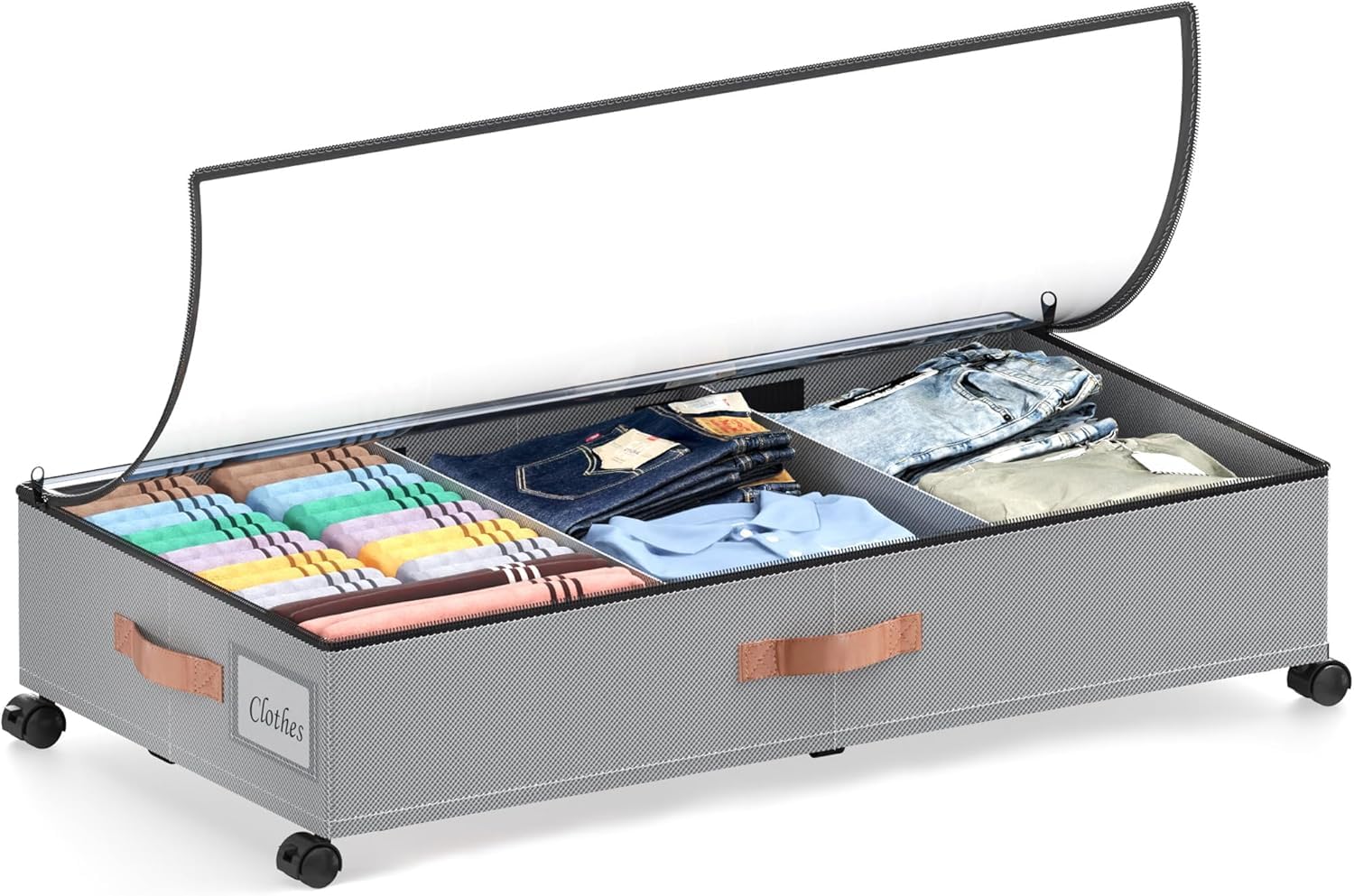 LESHZHEN Under Bed Storage with Wheels, Under Bed Storage Container with Dividers & Clear Lids, Under the bed storage Organizer Bins,Underbed Storage with Wheels for Clothes,Toys,Shoes (GREY, 1 Pack)