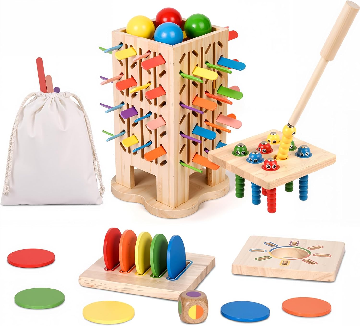 Montessori Toys Wooden Board Games for Kids 4-6, 5-in-1 Fine Motor Skills Educational Games for 3 4 5 6 Year Olds, Colorful Wooden Stick Game with Dice, Family Travel Games for Boys Girls