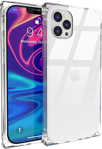 ANHONG Funda cuadrada transparente compatible con iPhone 12 Pro Max, cubierta transparente HD con esquinas mejoradas, cojín de poliuretano