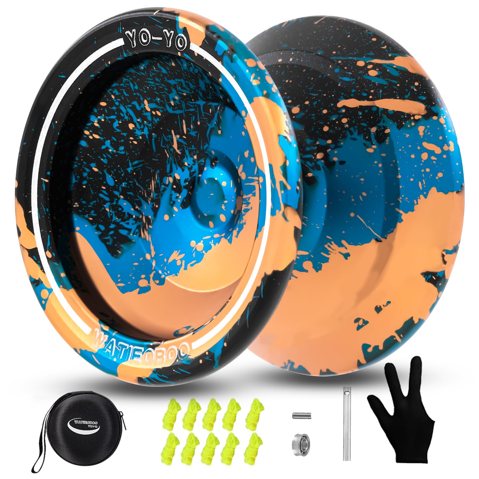 WATIEOBOO Yoyo Responsive Yoyo for Kids 8-12,Professional Unresponsive Yoyo for Adults Pro Metal Trick Yoyo with Yo Yo Bearing Kit 10 Strings, Case & Gloves (Black Blue Orange)