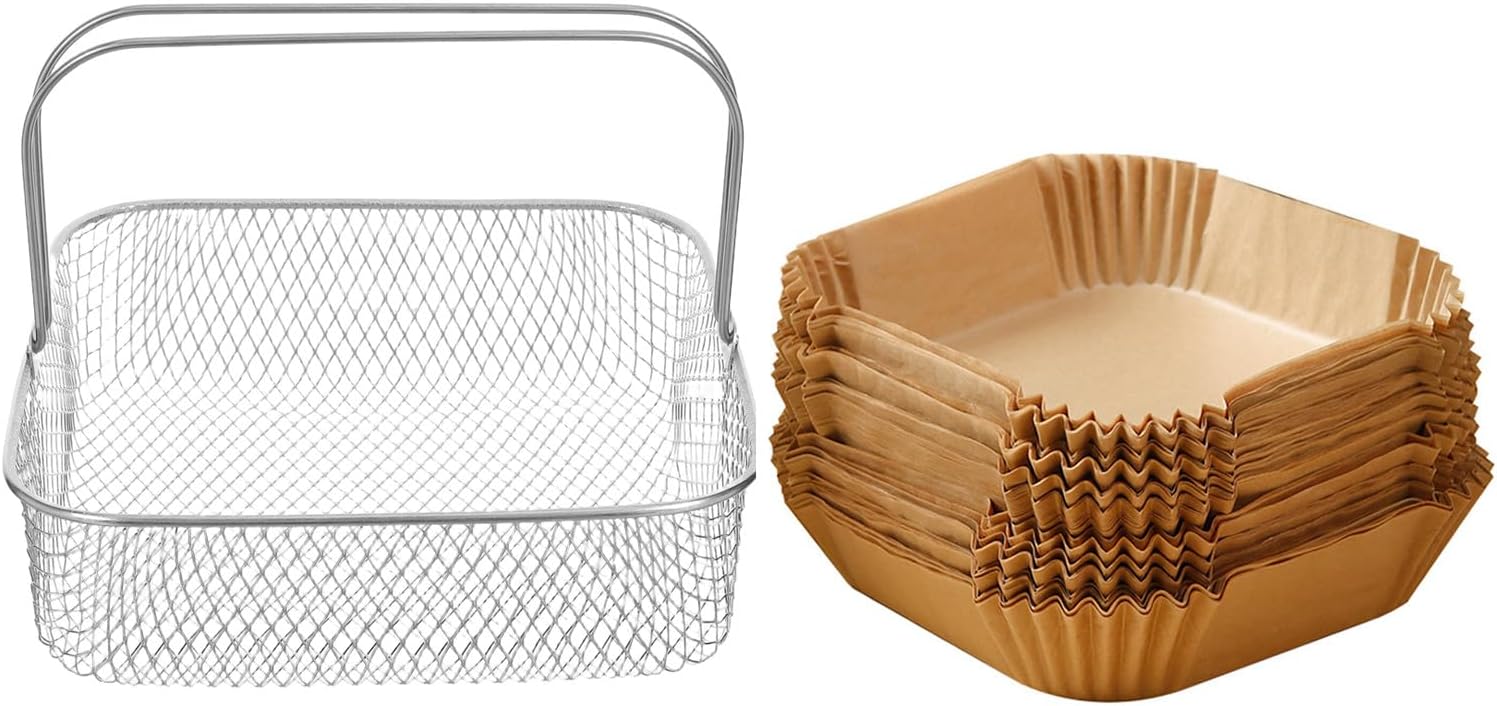 Cabilock 1 Set Stainless Steel Square Air Fryer Basket, 8" Mesh Fryer Basket with Handle + Disposable Nonstick Parchment Liners, Replacement Oven Accessory for Home Cooking