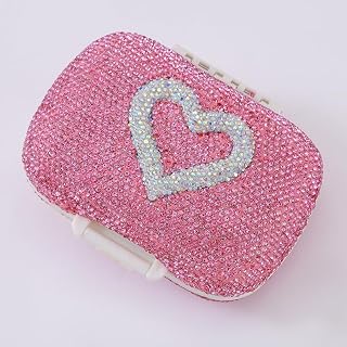 Bling Crystal Heart Pill Case Portable Medicine Organizer Glitter Diamond